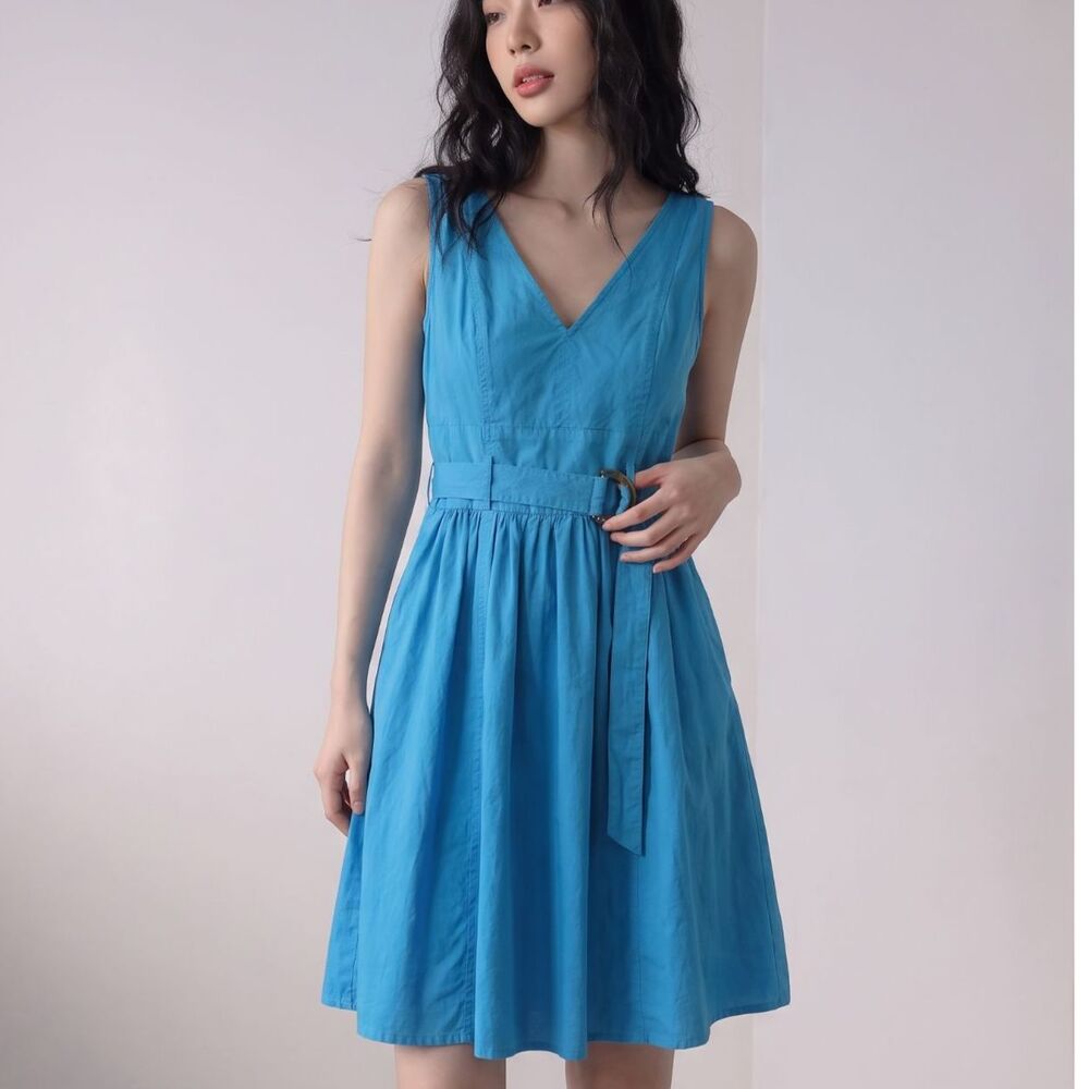Vintage Evan Picone Blue Cotton Belted Fit Flare A Line Dress Pockets Womens 8